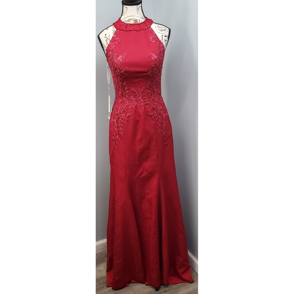 Prom Formal Maxi Dress Womens 2 Red Embroidery Sequin Beaded Lace Up Back EUC